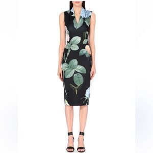 Ted Baker Distinguishing Rose Black Floral Midi Bodycon Pencil Dress with Lining